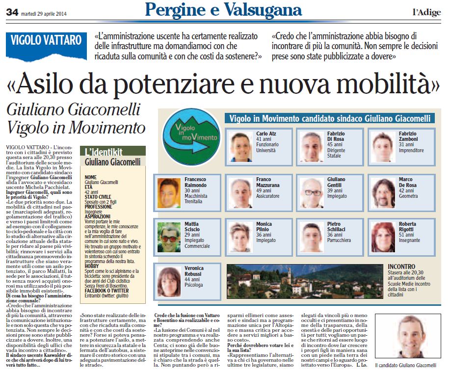 Rassegna Stampa L'Adige 29 aprile 2014